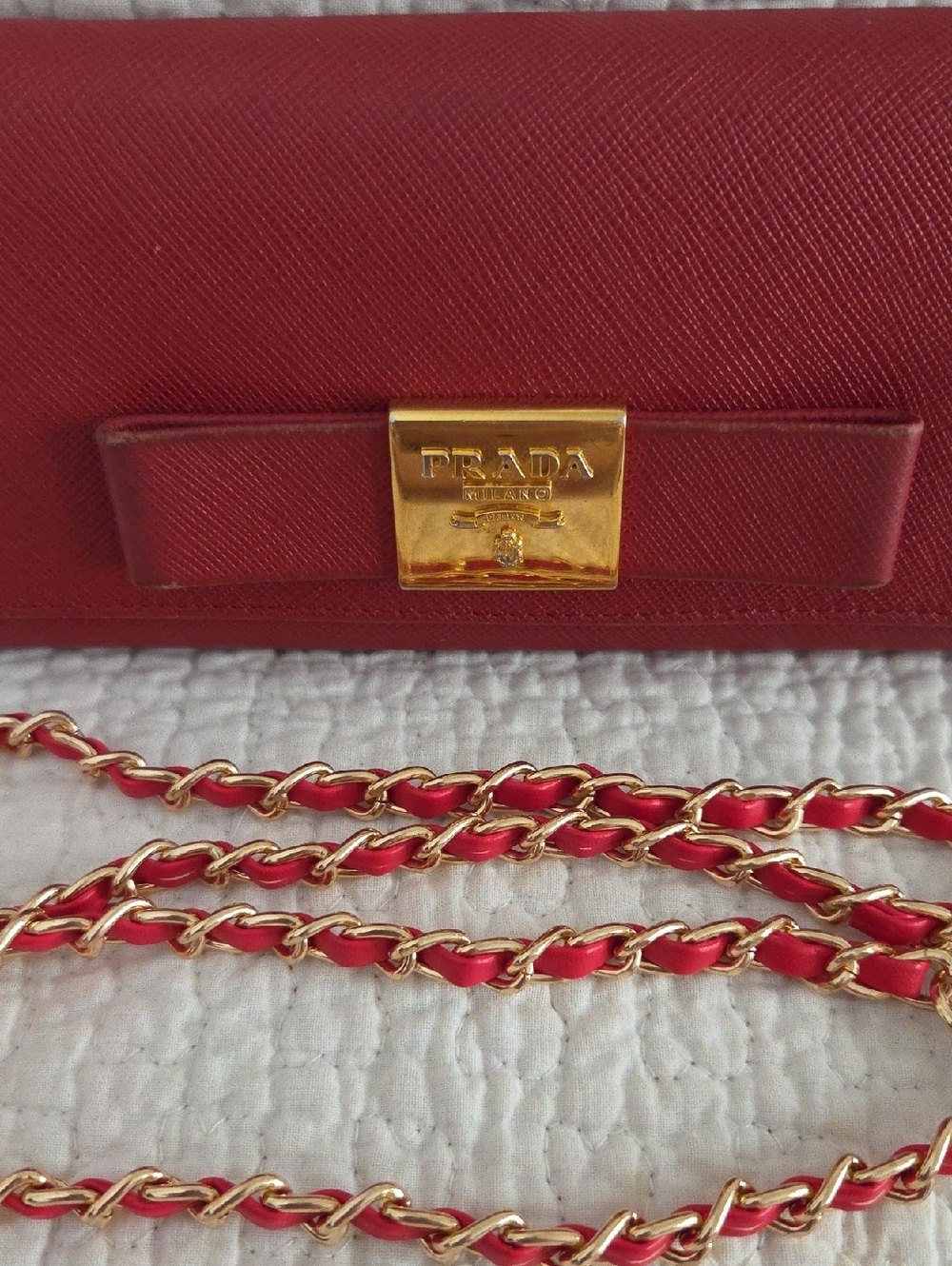 Prada Red Saffiano Leather Crossbody with unbranded red and gold chain - Picture 2 of 9